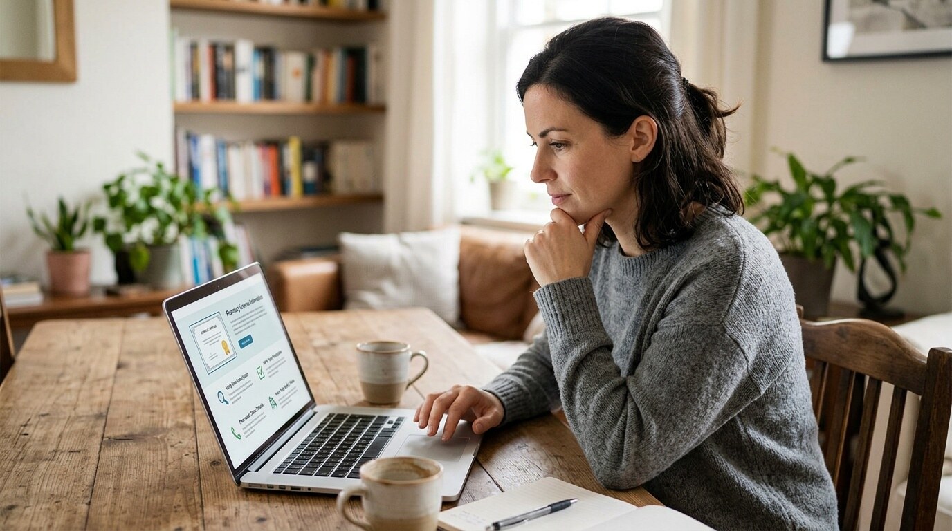 Customer reviewing an online pharmacy's license and pharmacist contact details on a laptop before purchasing