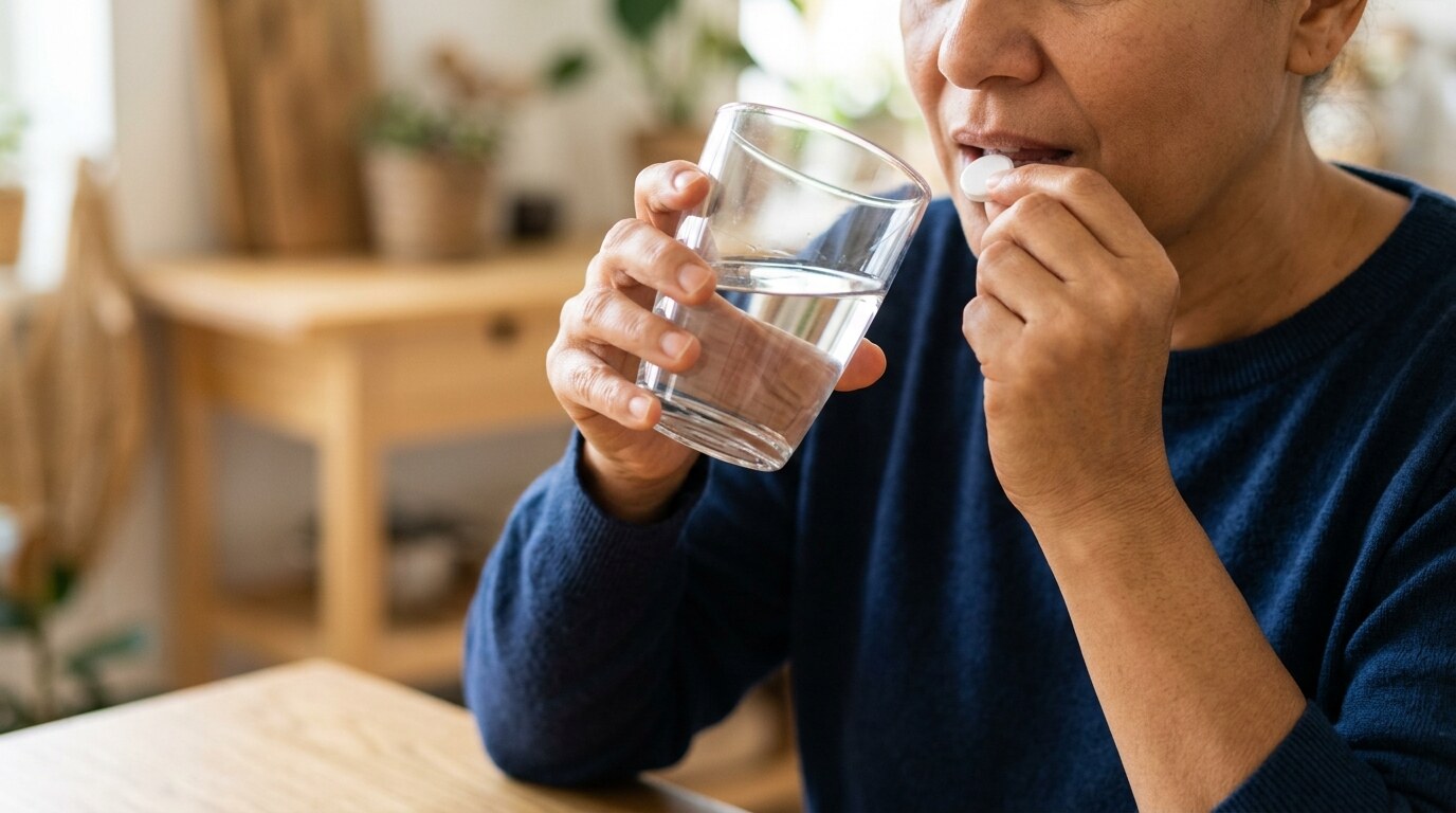Persona adulta sosteniendo un vaso de agua para tomar un comprimido