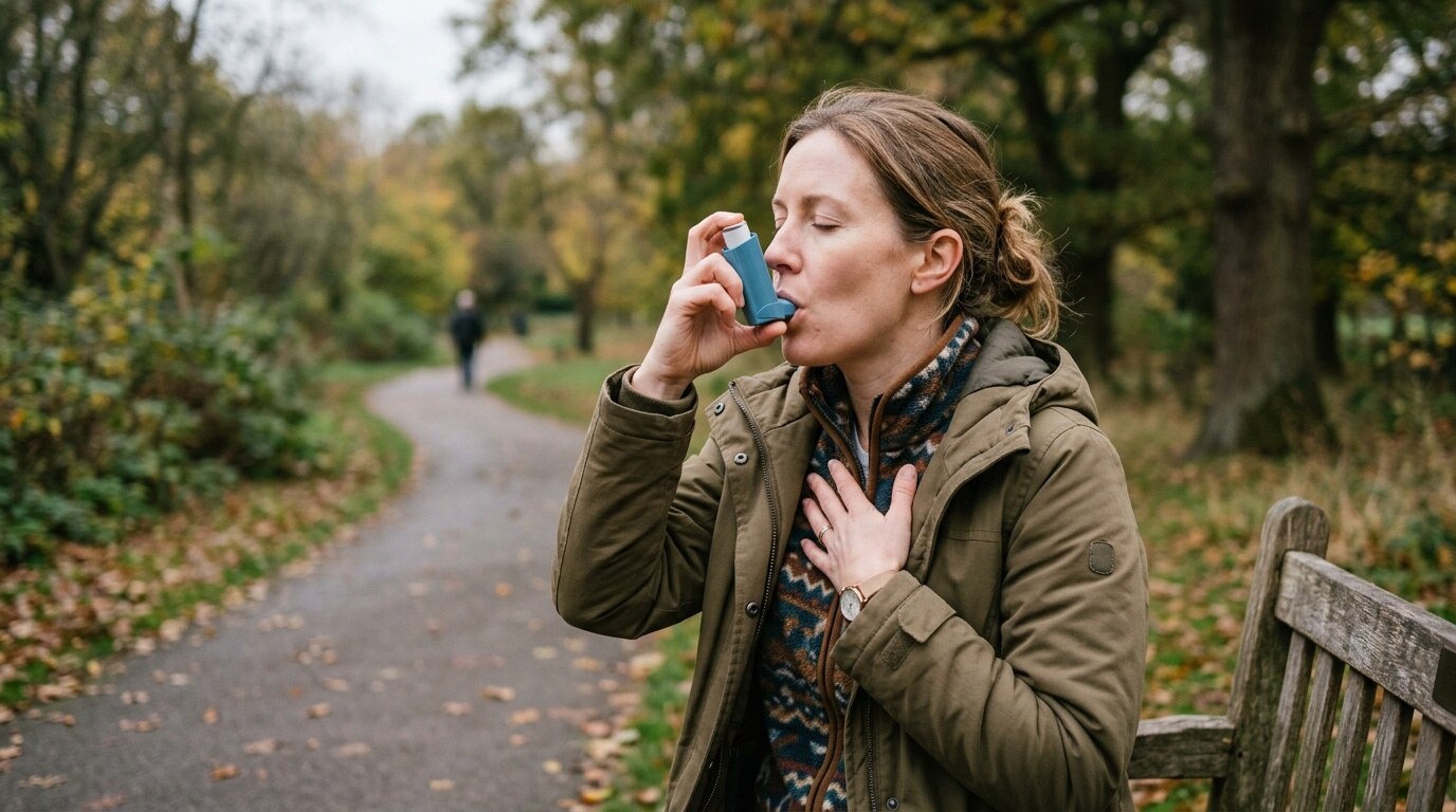 Persona usando un inhalador de salbutamol para respirar mejor al aire libre