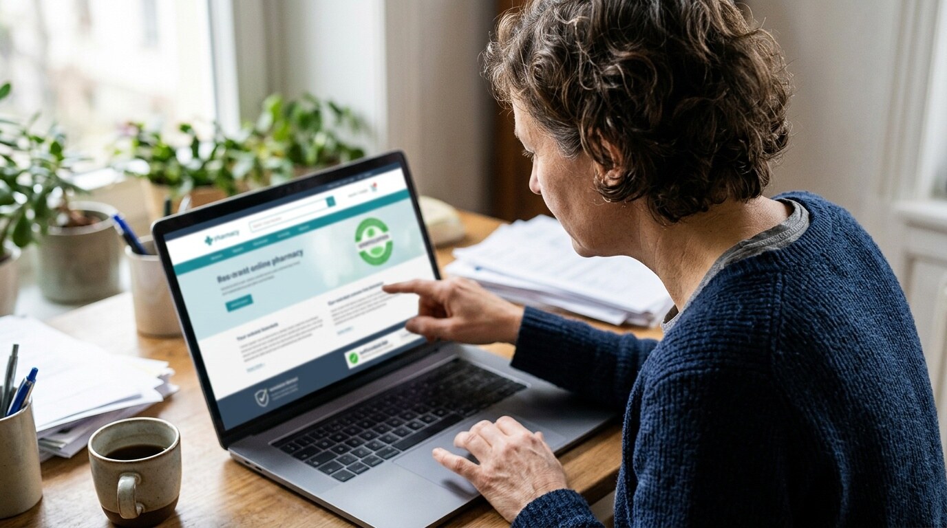 Persona comprobando en línea si una farmacia está autorizada