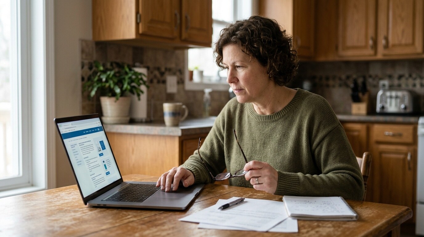 Person comparing prescription medicine details on a laptop at a kitchen table