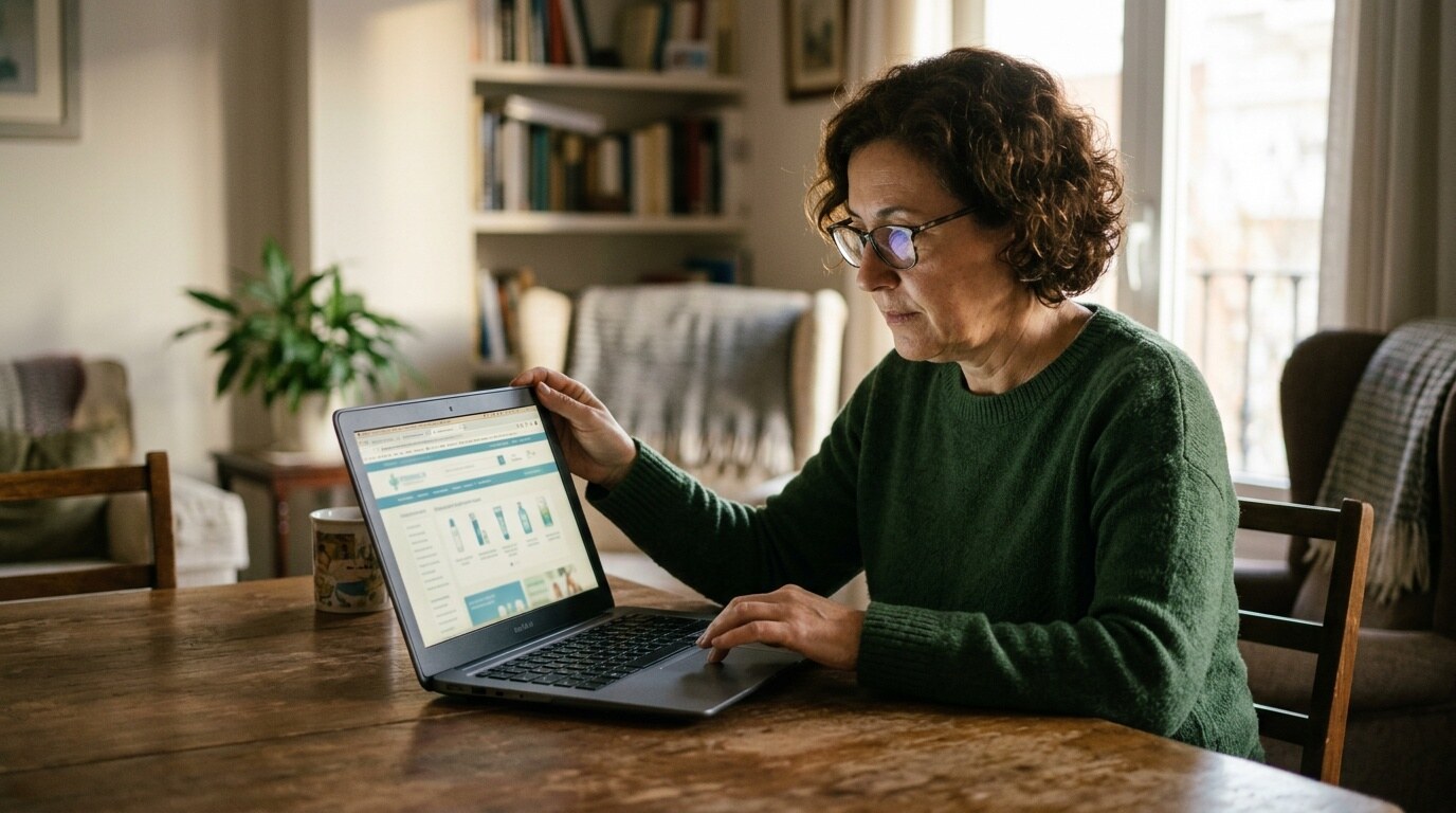 Persona revisando la etiqueta de una web de farmacia en un portátil en casa