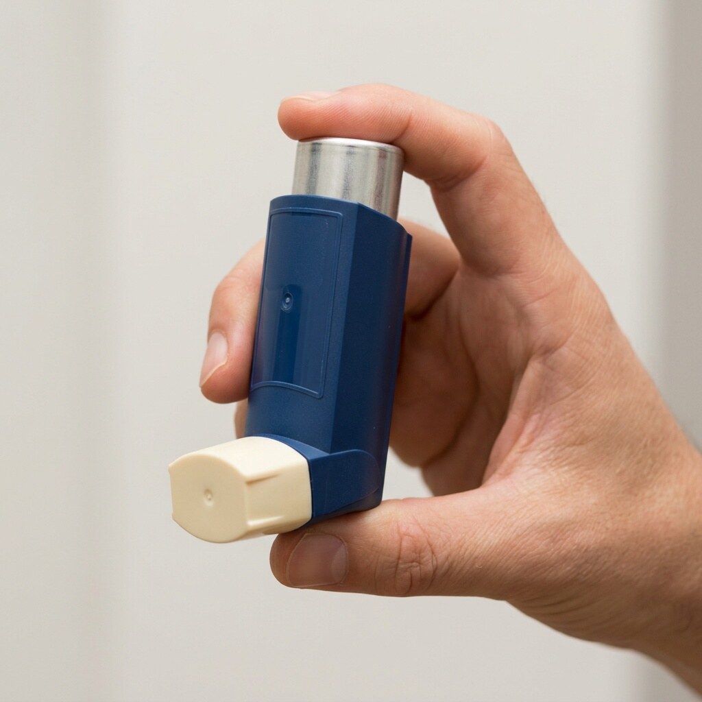 Inhalador dosificador de salbutamol sostenido en la mano