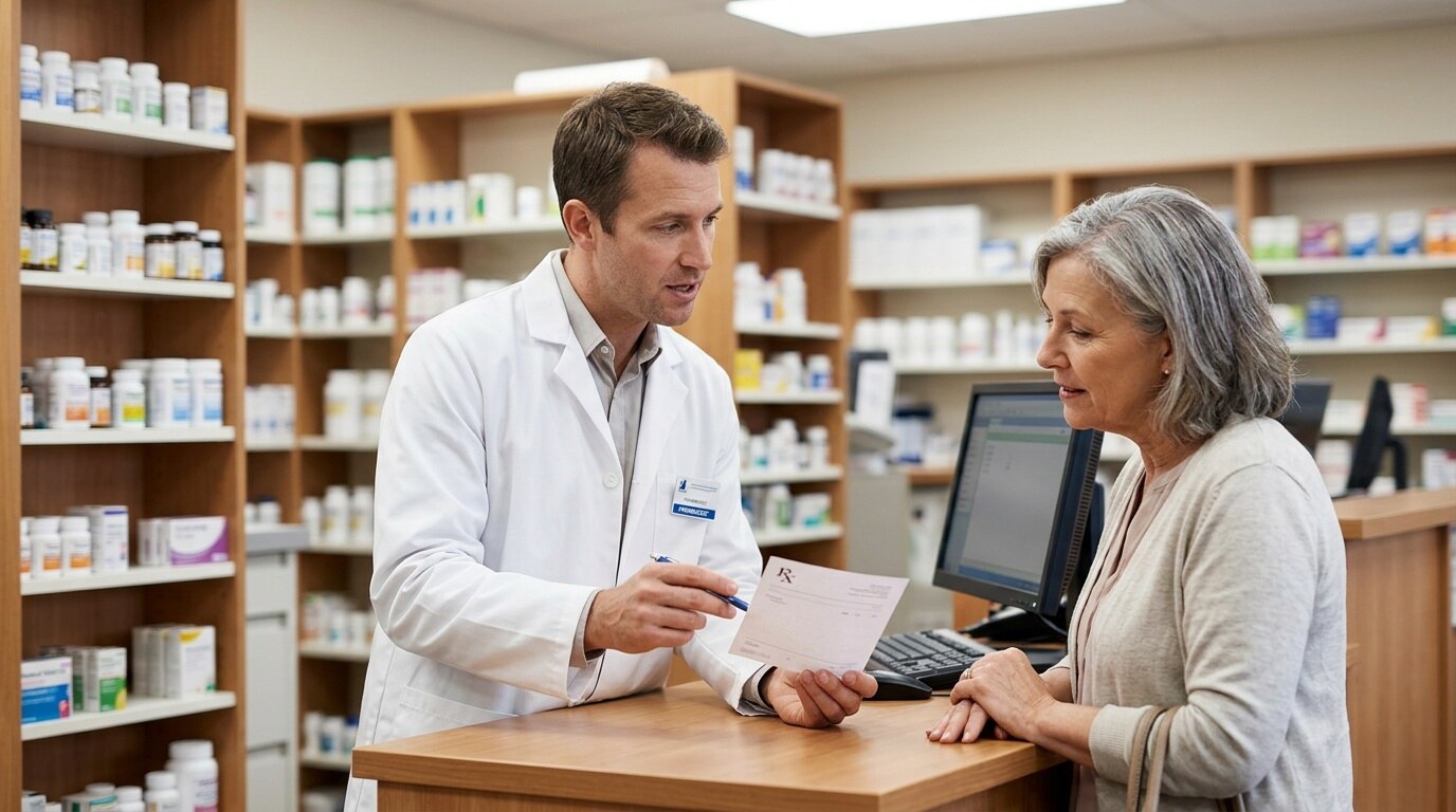 Pharmacist reviewing a prescription and speaking with a patient at a counter