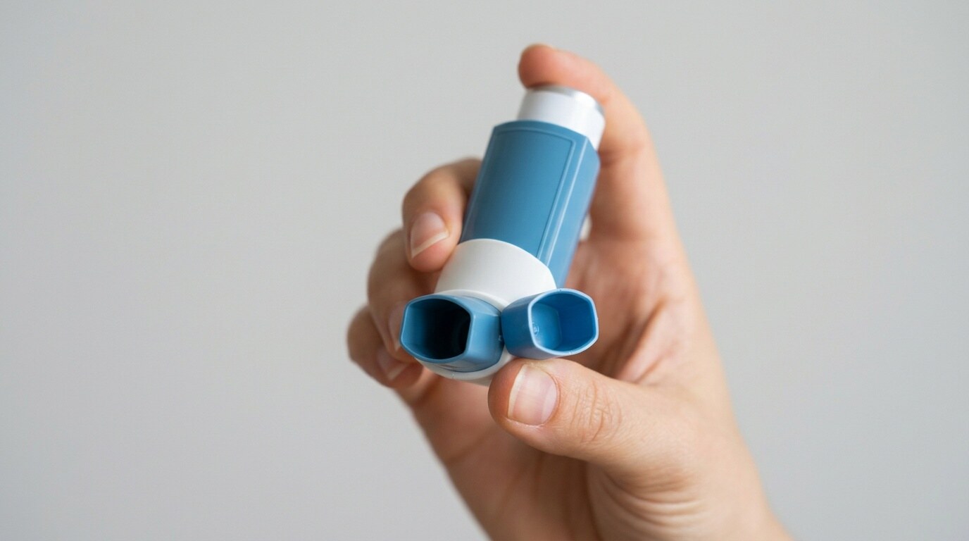 Close-up of a metered-dose reliever inhaler with its mouthpiece cap removed, held in one hand