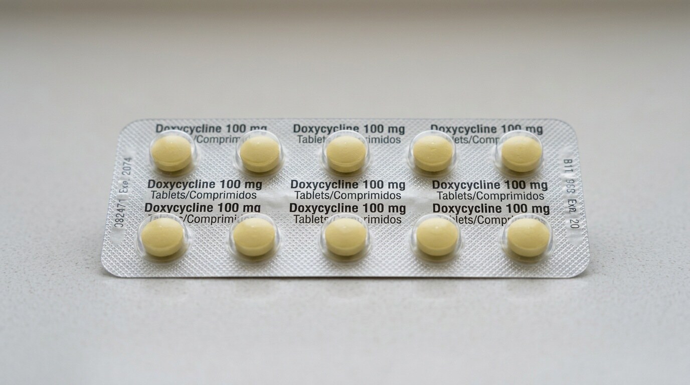 Comprimidos orales de doxiciclina de 100 mg sobre una superficie neutra clara