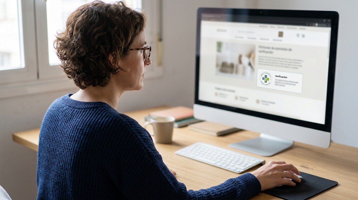 Persona comprobando en un ordenador el logotipo de una farmacia online autorizada