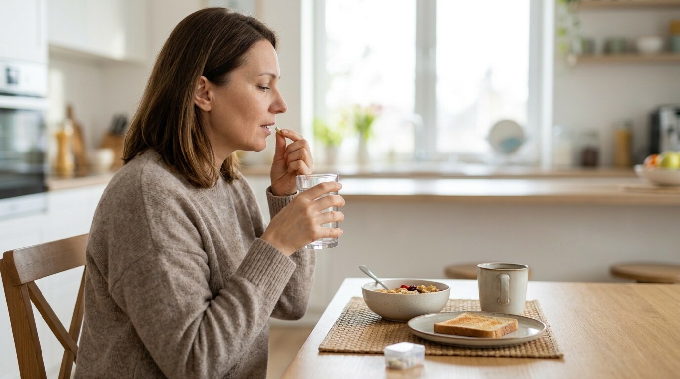 Persona adulta tomando un comprimido con un vaso de agua junto a un desayuno ligero en casa