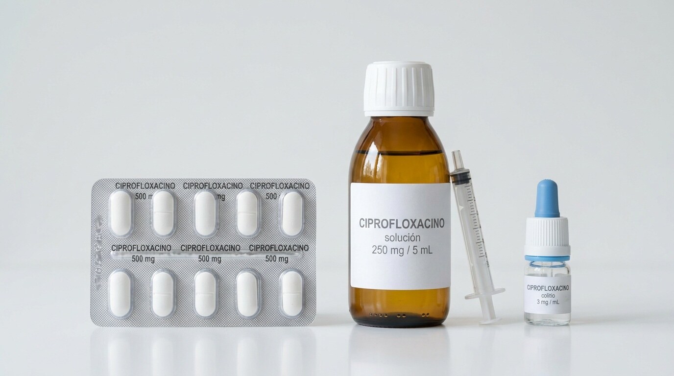 Diferentes presentaciones de ciprofloxacino: comprimidos, un frasco de solución y un colirio