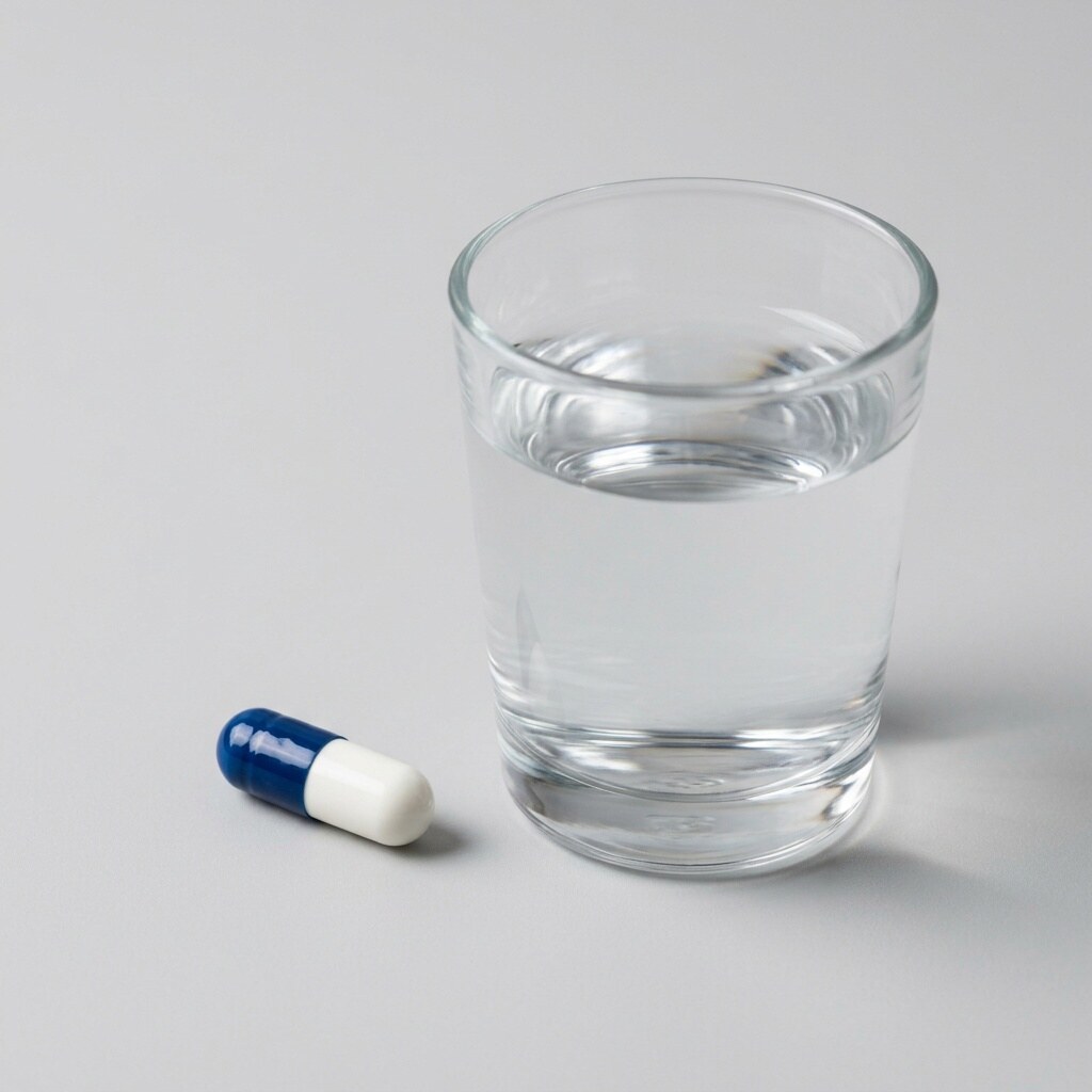 Fluconazole antifungal oral capsule shown beside a plain glass of water