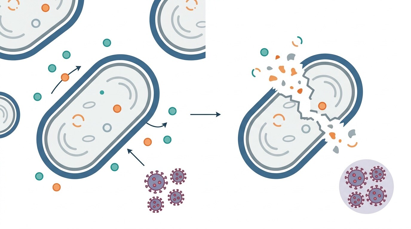 Simple illustration of an antibiotic disrupting a bacterial cell to show how amoxicillin acts against bacteria
