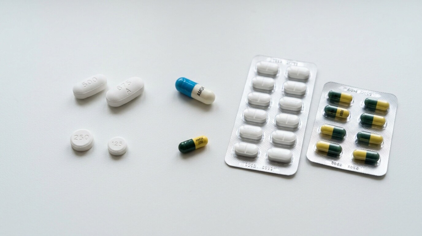 Comprimidos y cápsulas de amoxicilina de distintas concentraciones sobre una superficie clara