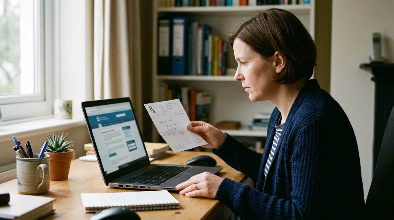 Person comparing an online pharmacy website on a laptop while holding a prescription note