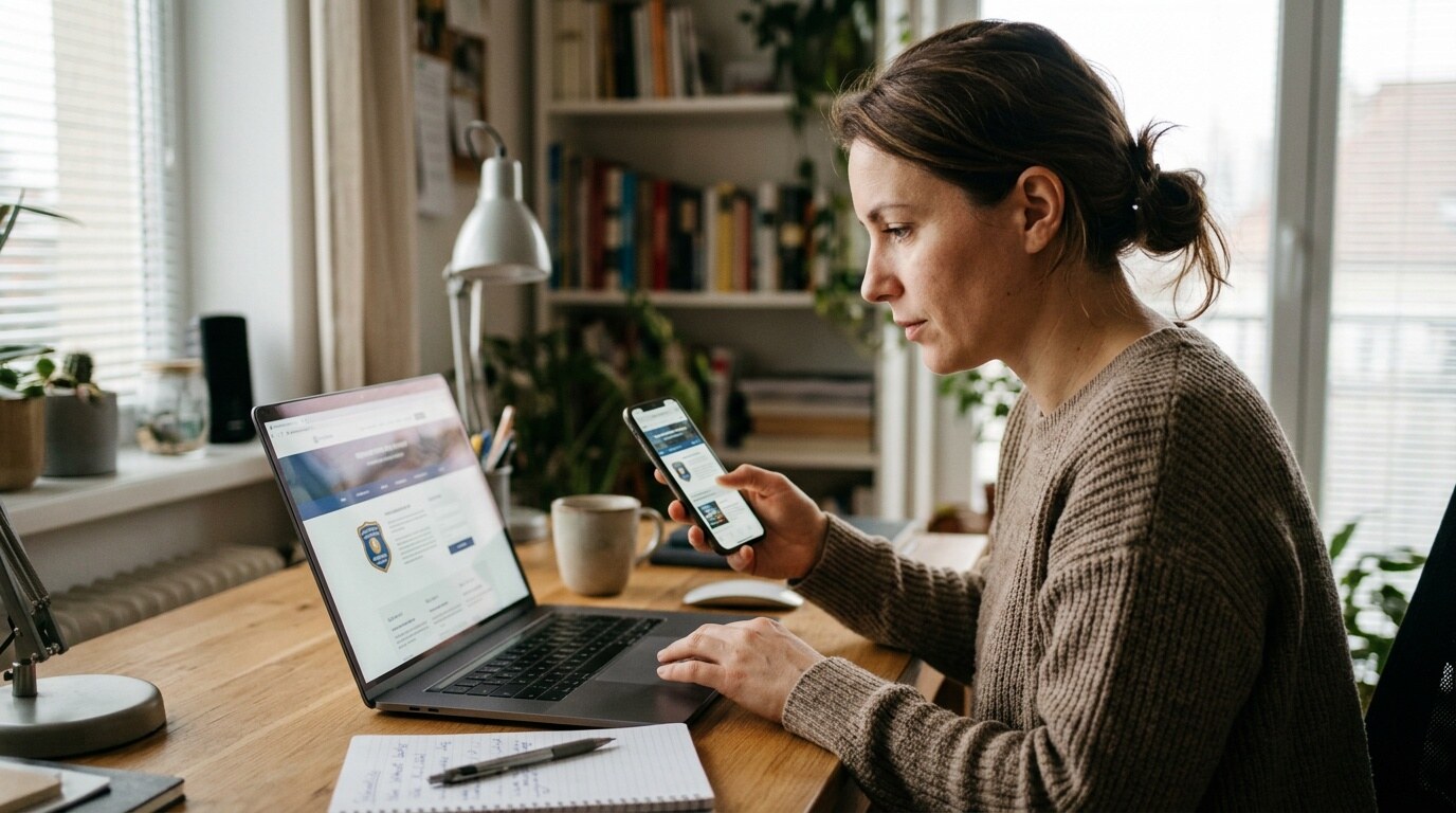 A person comparing a pharmacy website on a laptop while holding a phone at a home desk