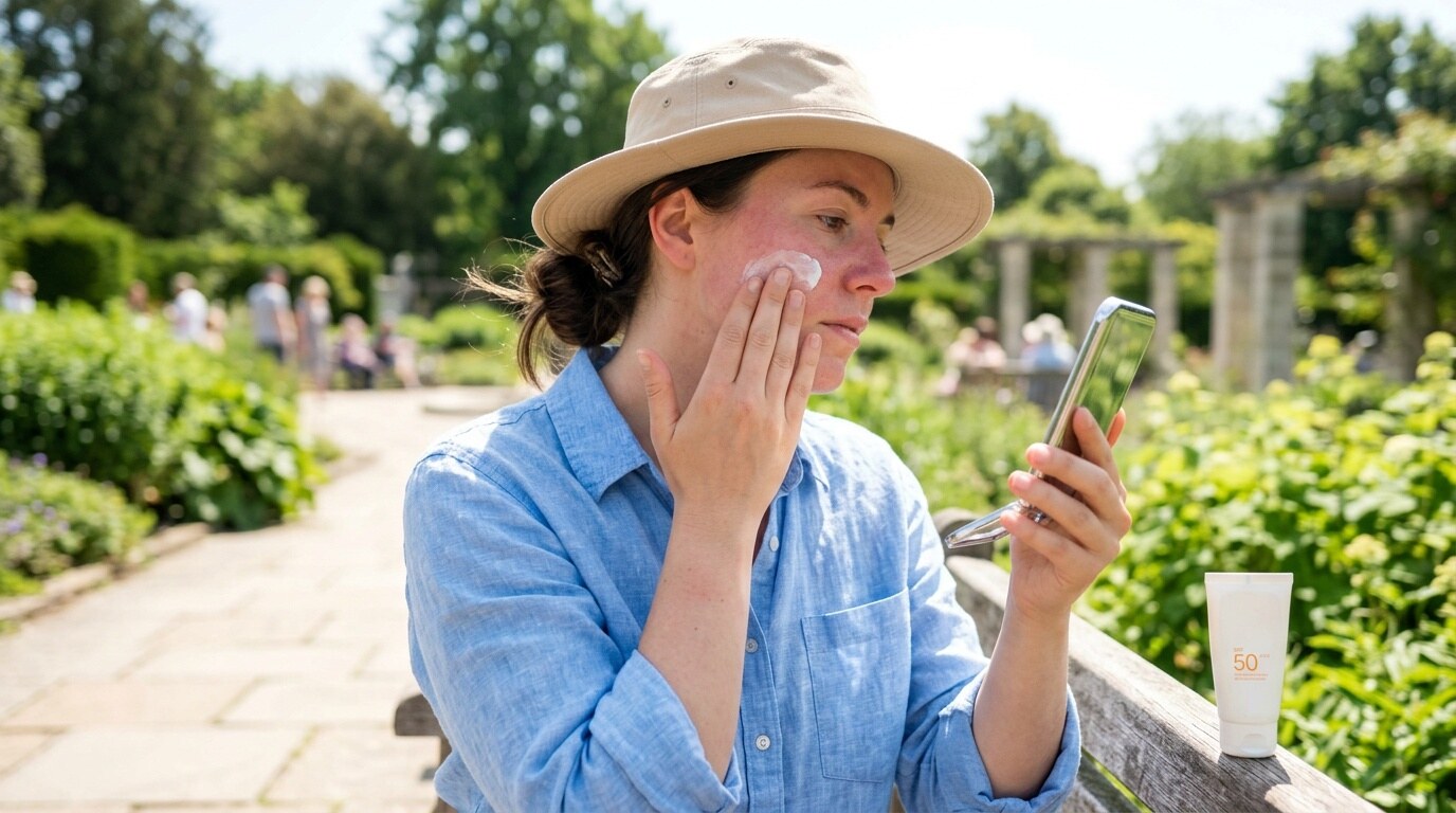 Adult applying facial sunscreen outdoors on a bright day