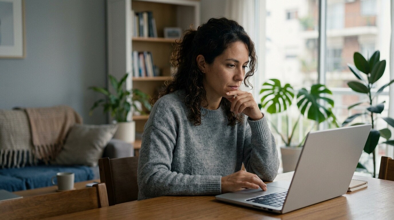 Persona comparando opciones de una farmacia en línea en una computadora portátil en casa