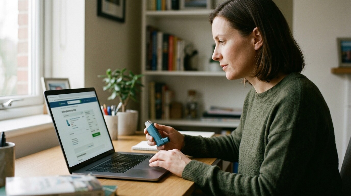A person checking an online pharmacy listing on a laptop before ordering an asthma reliever inhaler