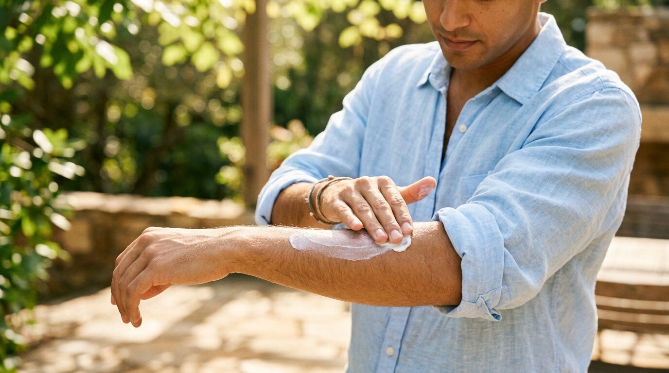 Person applying sunscreen to their forearm outdoors on a bright sunny day