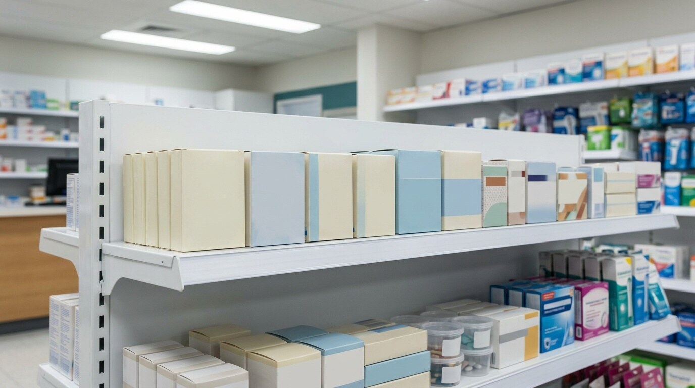 Row of nonprescription vaginal antifungal treatment boxes on a pharmacy shelf