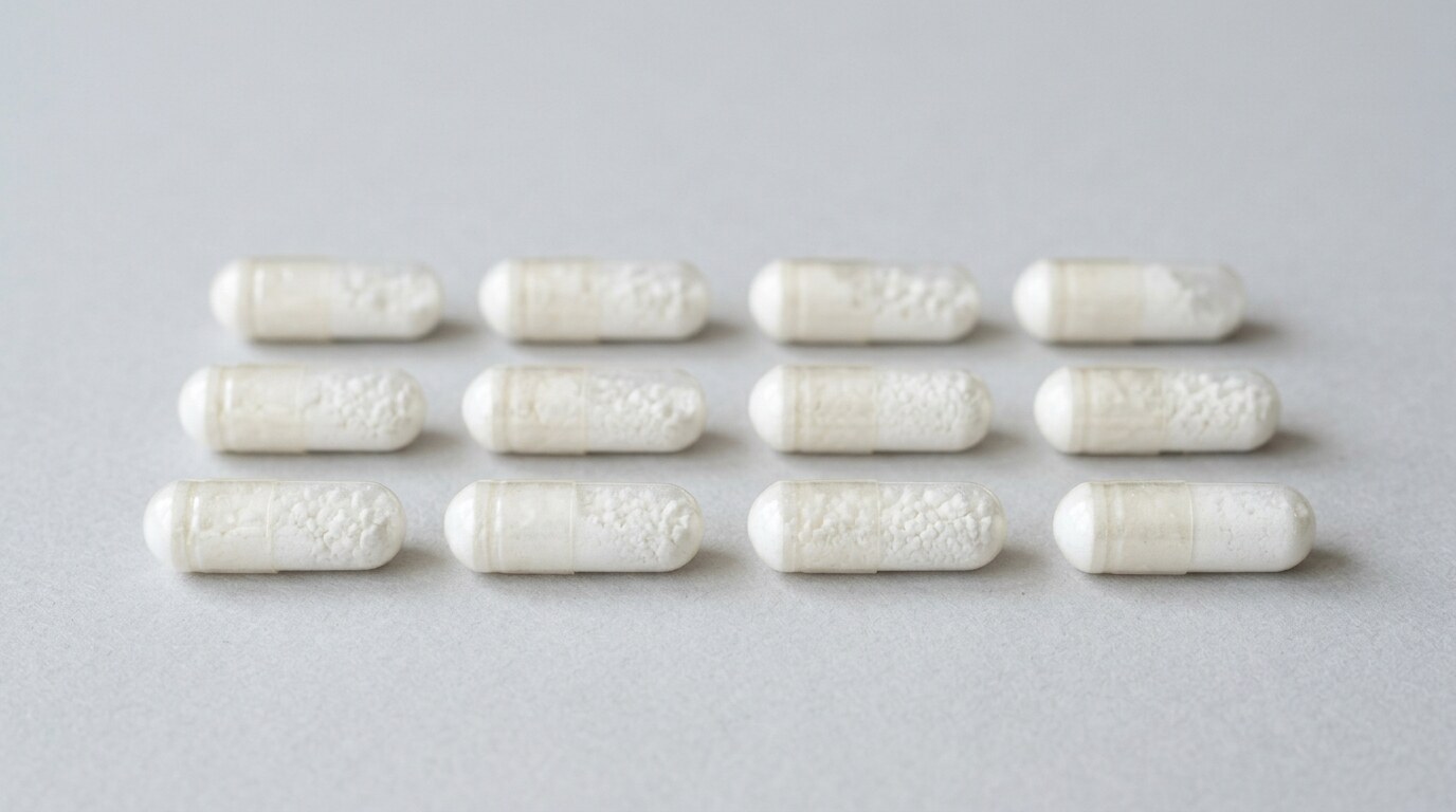 Clear white doxycycline capsules arranged on a plain neutral surface