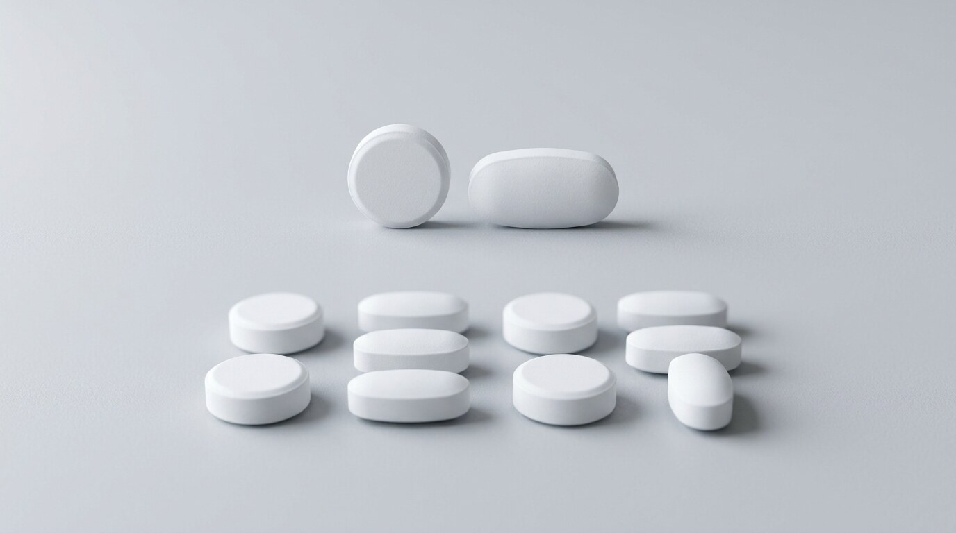 Set of round and oval white antibacterial tablets arranged on a plain neutral surface