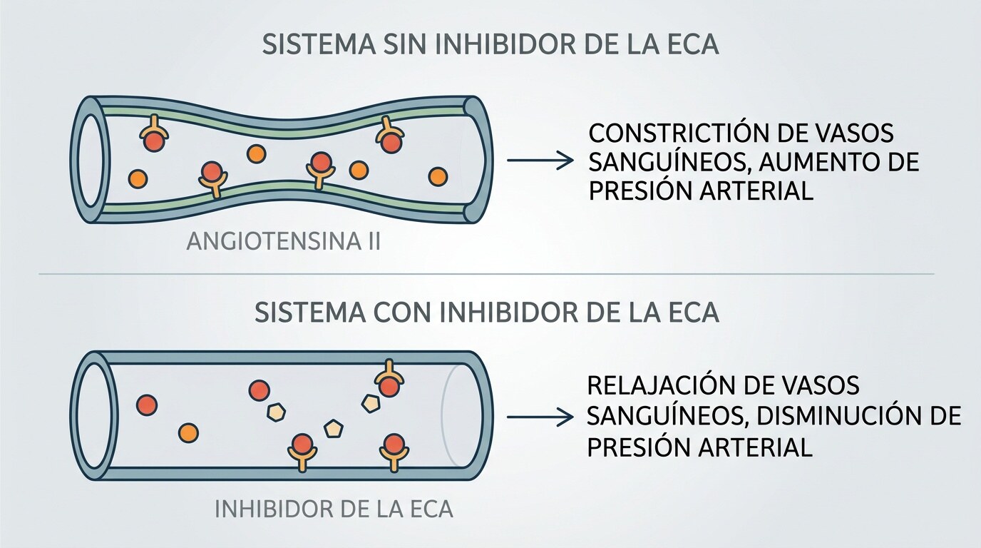 Diagrama sencillo de la acción de un inhibidor de la ECA sobre los vasos sanguíneos