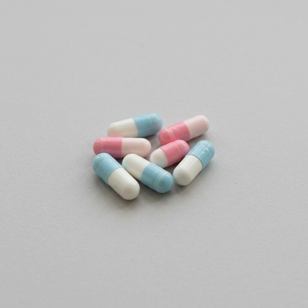 Cápsulas de amoxicilina sobre una superficie neutra