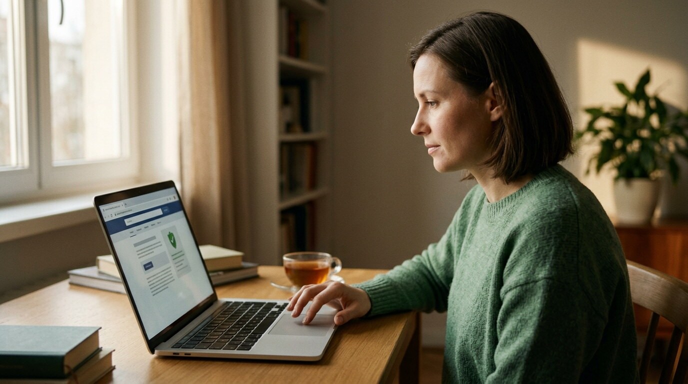 Persona revisando en una laptop la información de una farmacia en línea