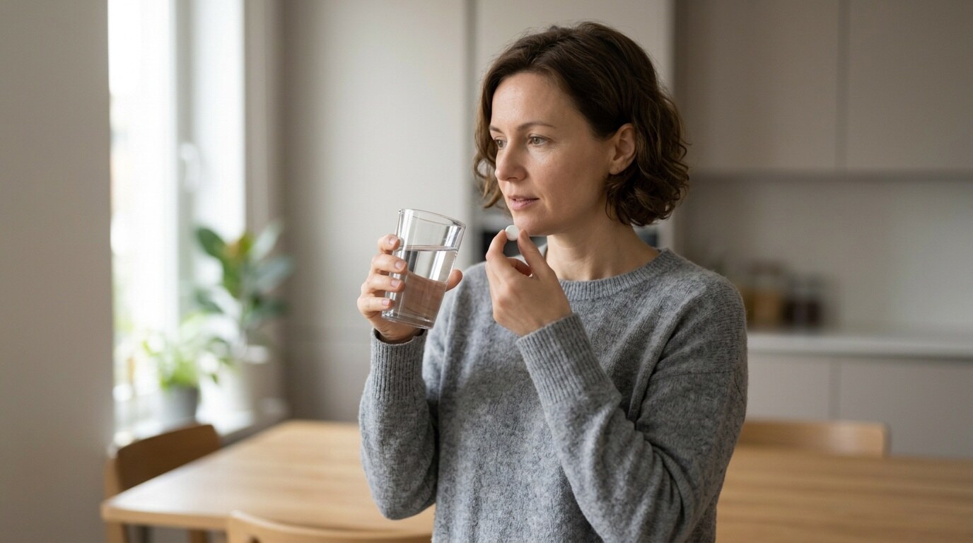 Person preparing to take prescribed amoxicillin with water at the scheduled time