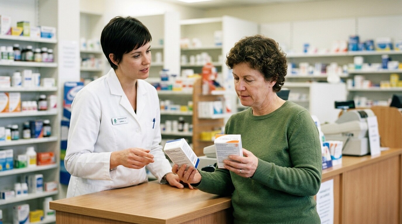Persona comparando información de precio y disponibilidad de un inhalador en una farmacia