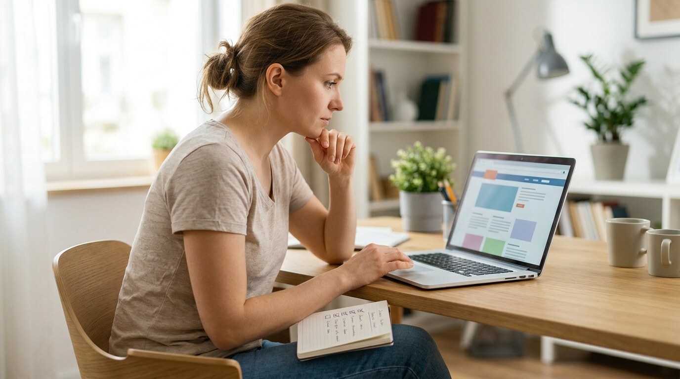 Persona revisando en una laptop la información de una farmacia en línea antes de comprar