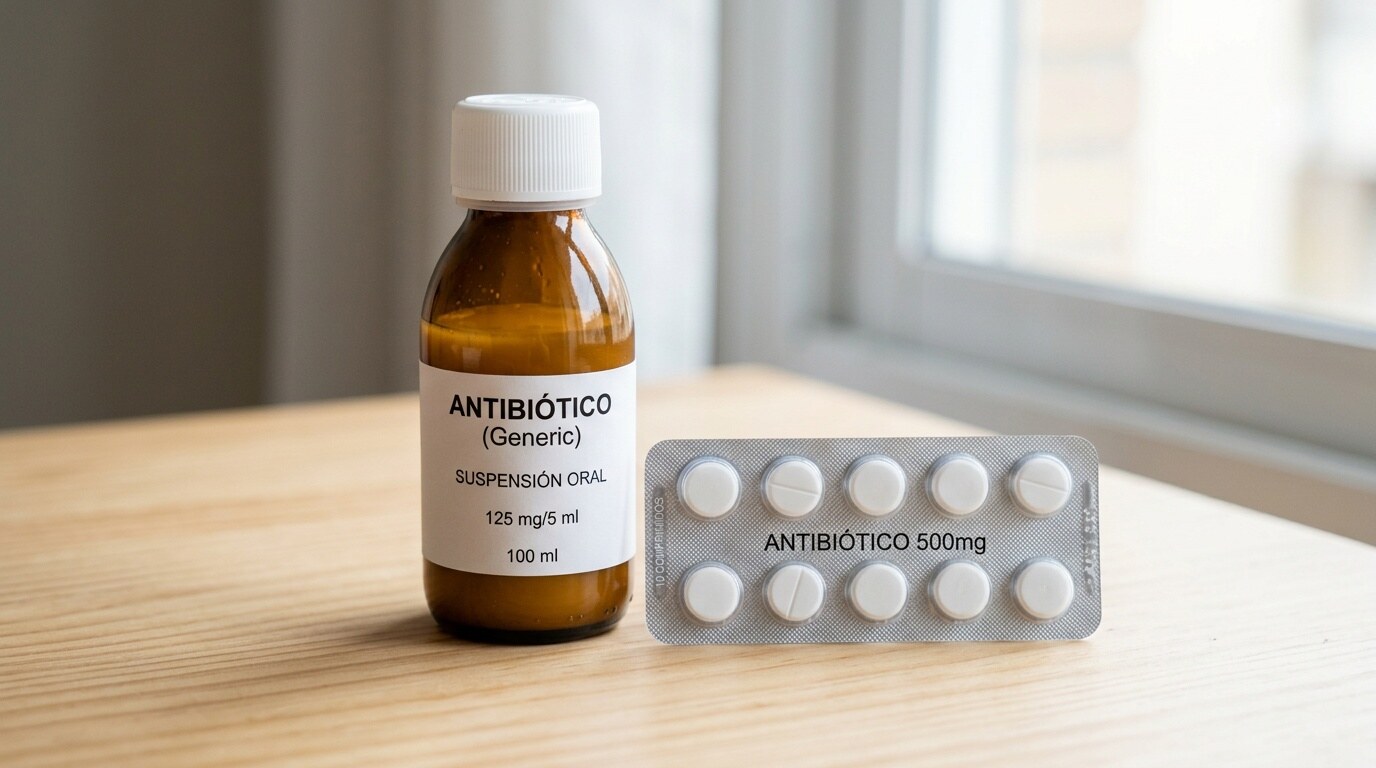 Frasco de suspensión oral y blíster de comprimidos de un antibiótico sobre una mesa clara