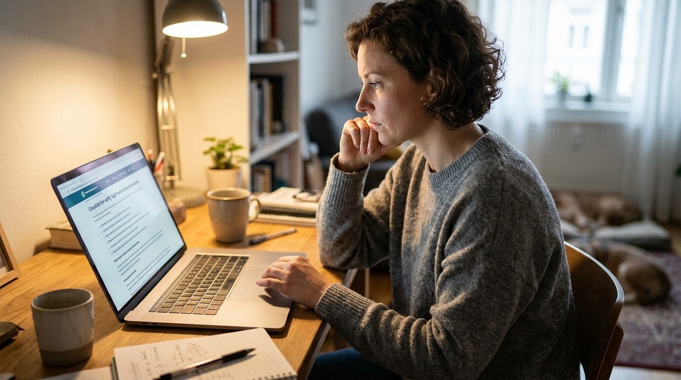 Customer reviewing online pharmacy price and delivery details on a laptop
