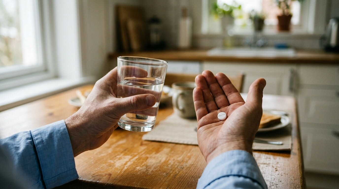 Manos sosteniendo un vaso de agua y un comprimido, tomando la medicación por la mañana