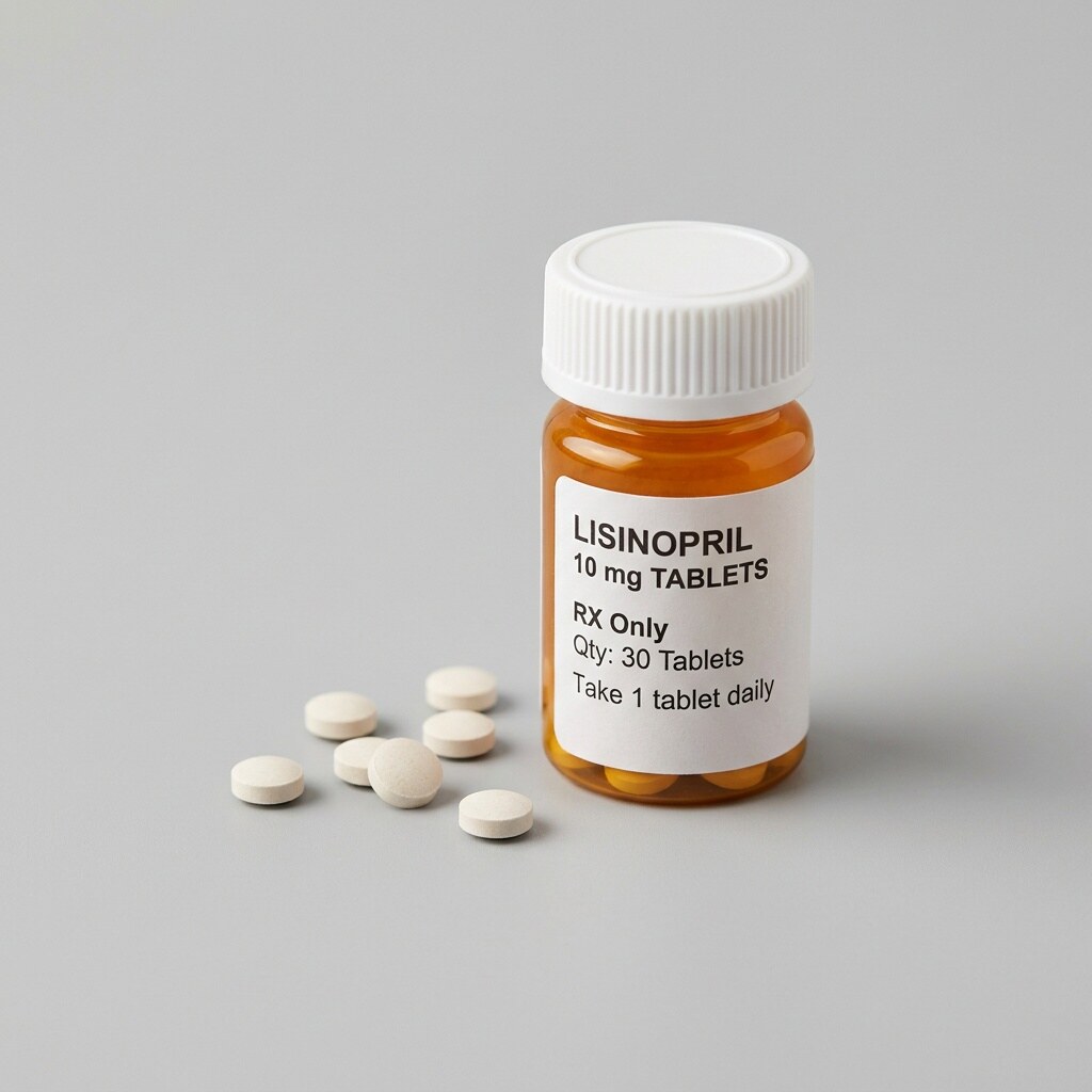 Comprimidos de lisinopril junto a su envase sobre una superficie neutra