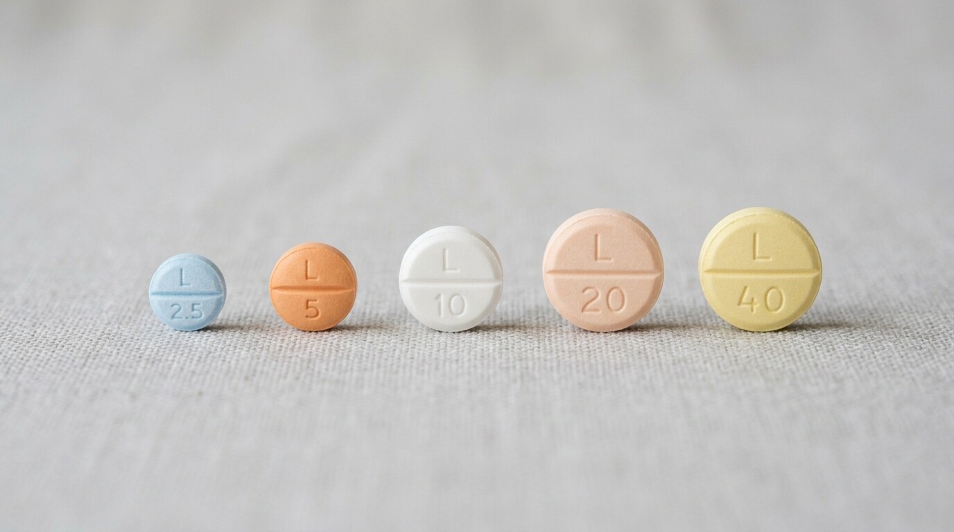 Lisinopril 20 mg en comprimidos de distintas concentraciones sobre fondo neutro
