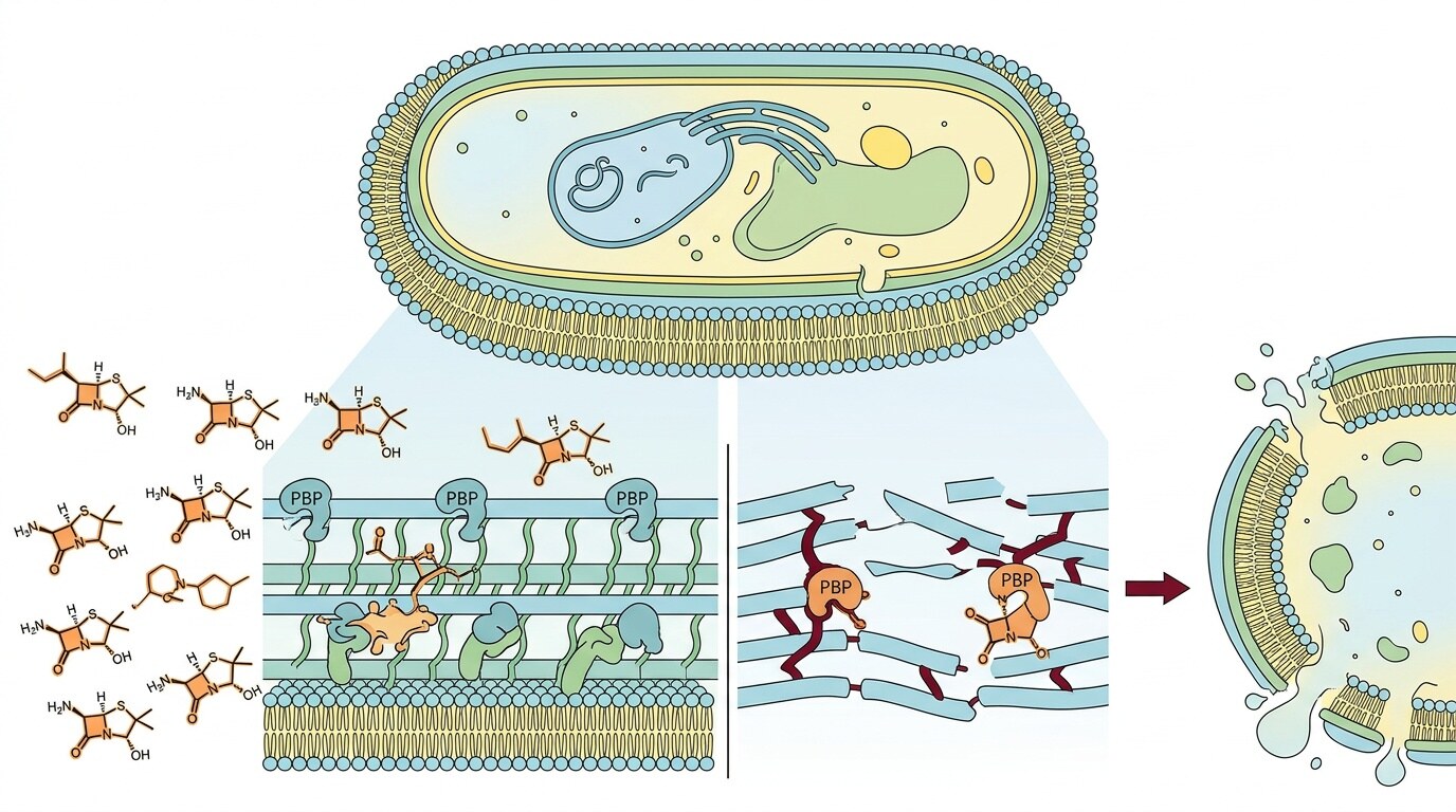 Ilustración de bacterias y una molécula de antibiótico que representa el mecanismo de acción