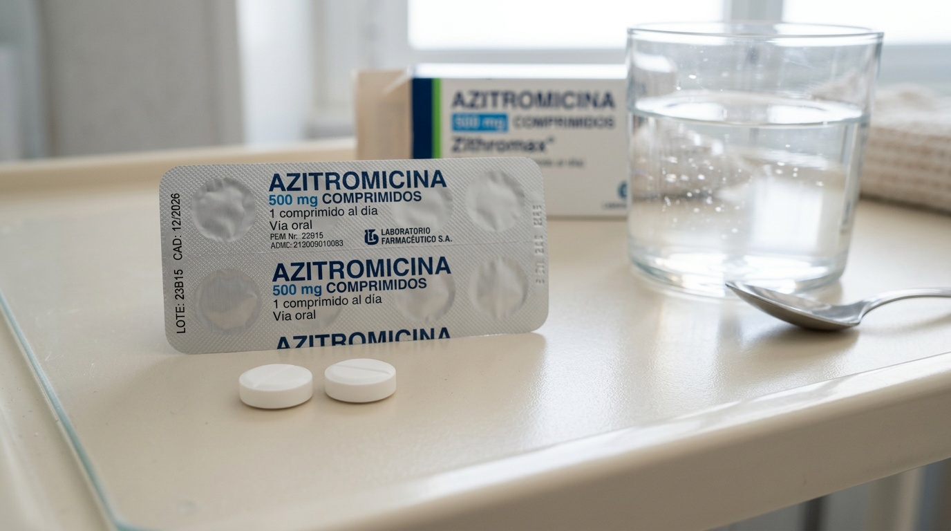 Comprimidos blancos de azitromicina junto a un vaso de agua sobre una superficie clara