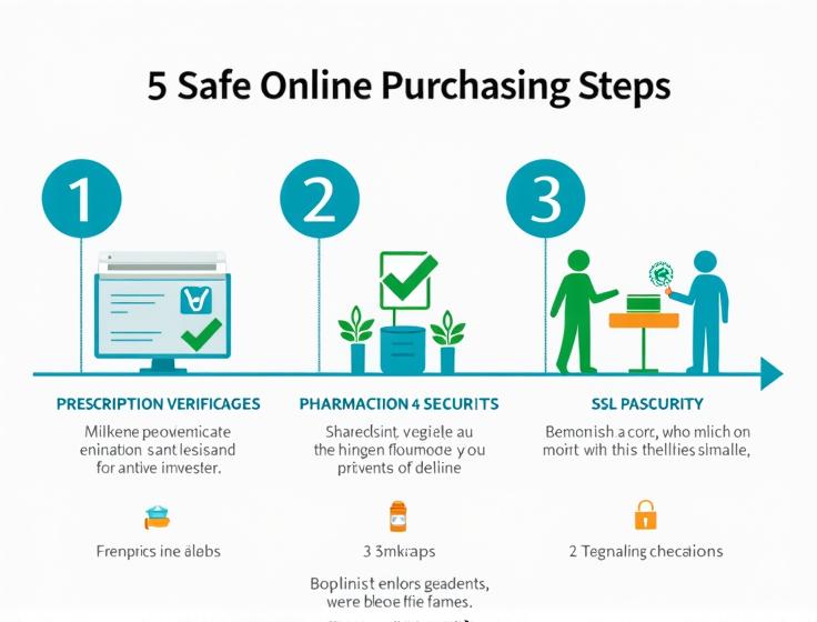 Medical infographic showing safe steps to purchase fluconazole online: prescription verification, licensing, SSL security, pharmacist support