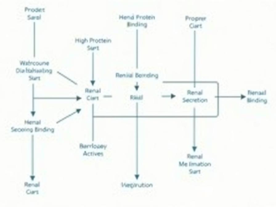 Educational diagram showing pharmacokinetics of furosemide: distribution, high protein binding, renal secretion and biliary excretion