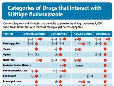 Medical infographic showing categories of drugs that interact with fluconazole and monitoring needs