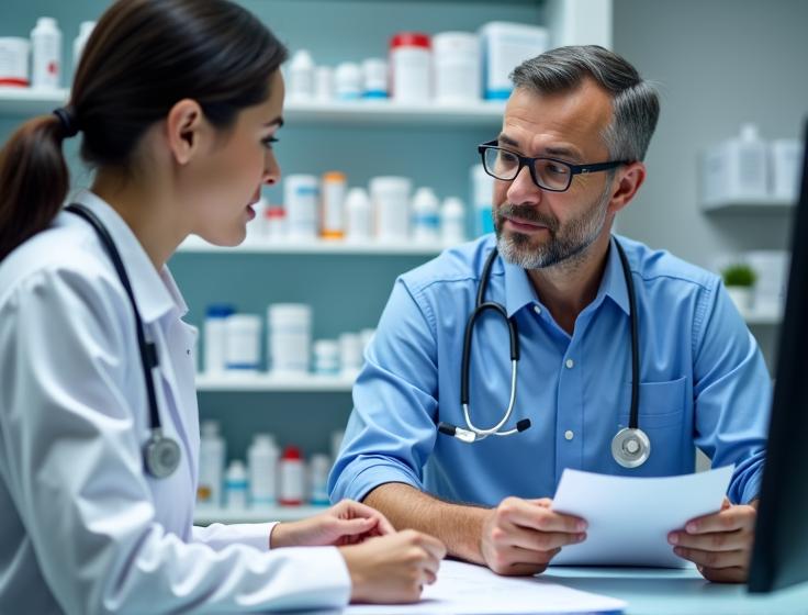 Clinical scene of pharmacist reviewing a patient\'s medications for fluconazole interactions before an online order
