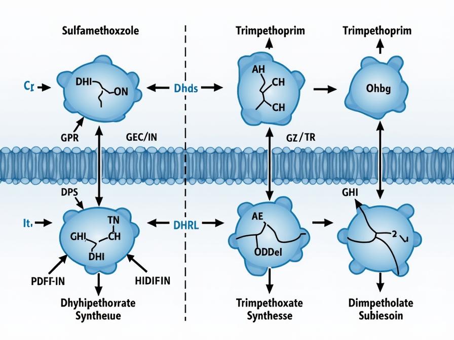 Medical diagram of folate pathway inhibition by sulfamethoxazole and trimethoprim
