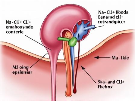 Anatomical diagram of the loop of Henle showing Na+, K+, and Cl− transport blocked by furosemide