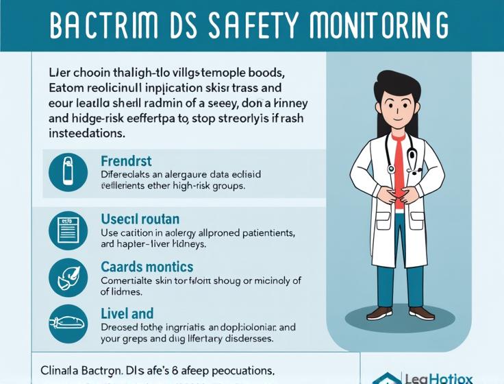 Bactrim DS: Dosage, Indications, Safety, FAQs and How to Buy Bactrim Online 3 Clinical infographic showing Bactrim DS safety monitoring: rash warning, blood counts, liver and kidney considerations