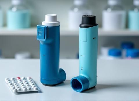 Ventolin inhaler alongside a generic salbutamol inhaler and packaging on a clean clinical surface