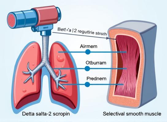 Medical illustration of beta-2 receptor activation in bronchial smooth muscle showing airway dilation after salbutamol