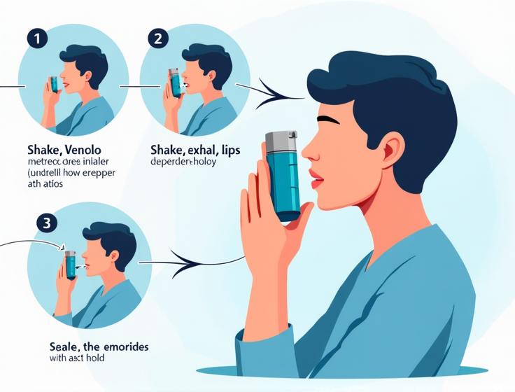 Step-by-step illustration of proper Ventolin inhaler technique in a clinical setting