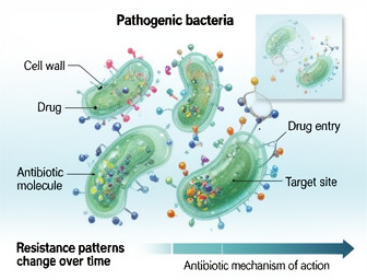Medical illustration of bacteria and antibiotic mechanism of action