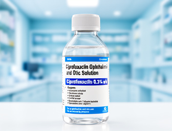 Ciprofloxacin eye and ear drops bottle with labeled composition
